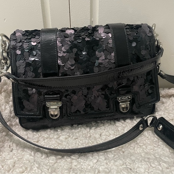 COACH Poppy Sequin Black Patent Leather Convertible Bag Purse RARE - Picture 2 of 12
